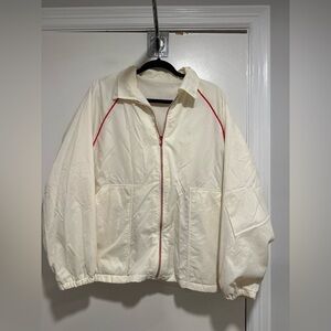 VTG 80s Cream Nylon Windbreaker Jacket Red Piping Lined Retro Athletic